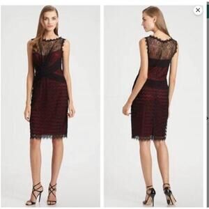 Tadashi Shoji mix bodice Lace black Red mini sleeveless sheath Cocktail Dress 6